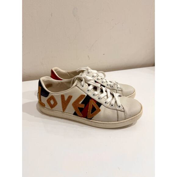 Gucci Leather Web Ace Lace Up Embroidered Loved Sneakers White Womens Size 37 - Picture 4 of 7